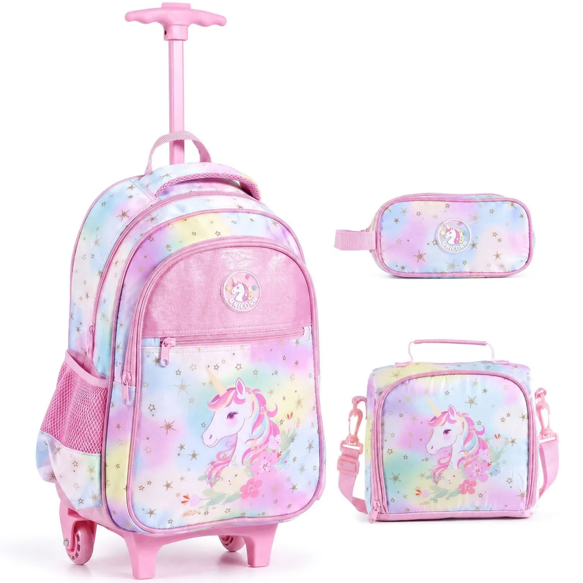Einhorn Kinder Schulrucksack mit Rollen 3-teiliges Rollrucksack Set Einhorn Mehrfarbig M