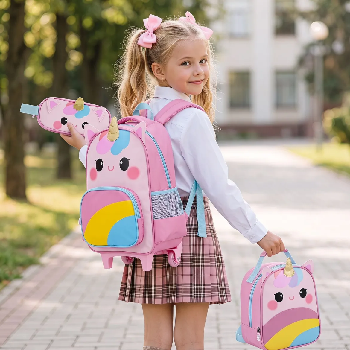 Einhorn Kinder Schulrucksack mit Rollen 3-teiliges Rollrucksack Set Einhorn Mehrfarbig S
