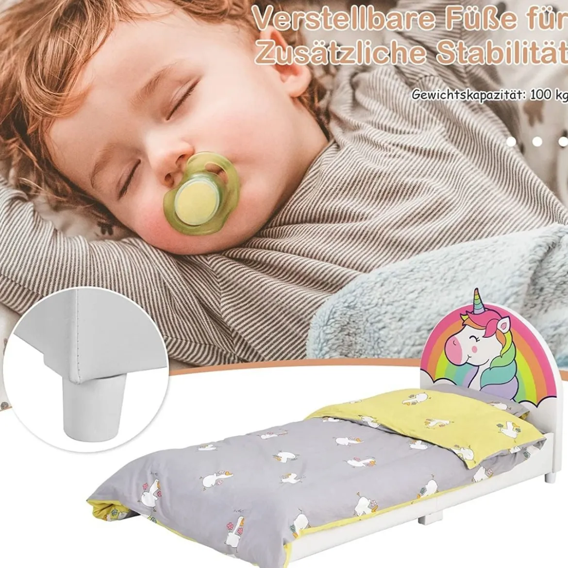 Einhorn-Muster Kinderbett mit weichem Kopfteil & Fußteil Babybett 151 x 76 x 70 cm Bunt