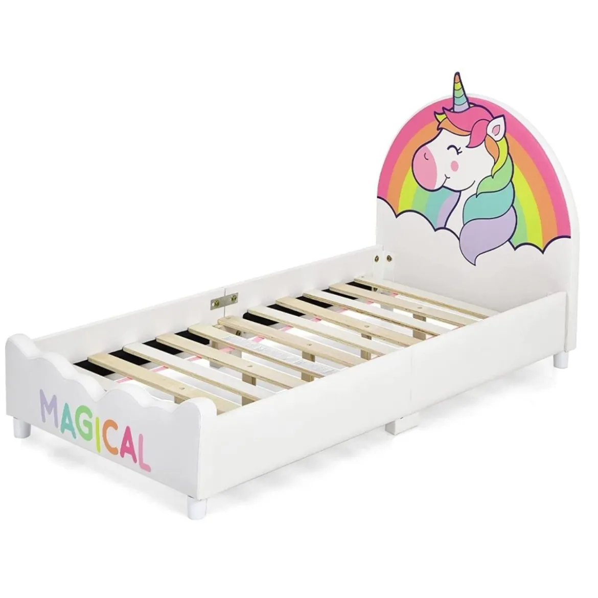 Einhorn-Muster Kinderbett mit weichem Kopfteil & Fußteil Babybett 151 x 76 x 70 cm Bunt