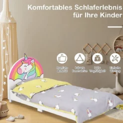 Einhorn-Muster Kinderbett mit weichem Kopfteil & Fußteil Babybett 151 x 76 x 70 cm Bunt
