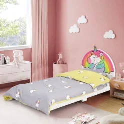 Einhorn-Muster Kinderbett mit weichem Kopfteil & Fußteil Babybett 151 x 76 x 70 cm Bunt