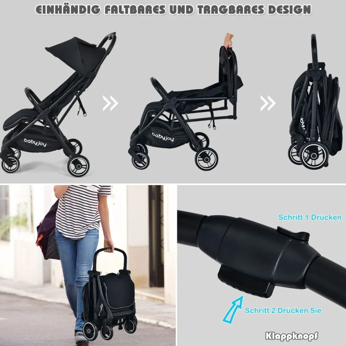 Ein-Knopf-Klappbar Kinderwagen mit Verstellbare Rückenlehne & Fußstütze Schwarz