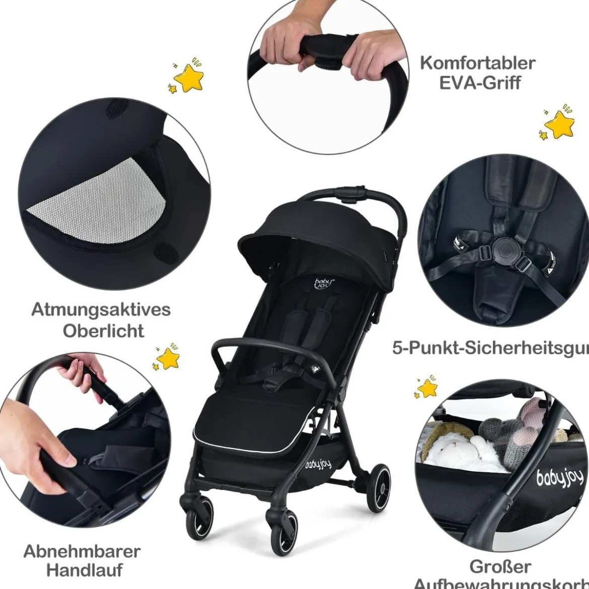 Ein-Knopf-Klappbar Kinderwagen mit Verstellbare Rückenlehne & Fußstütze Schwarz