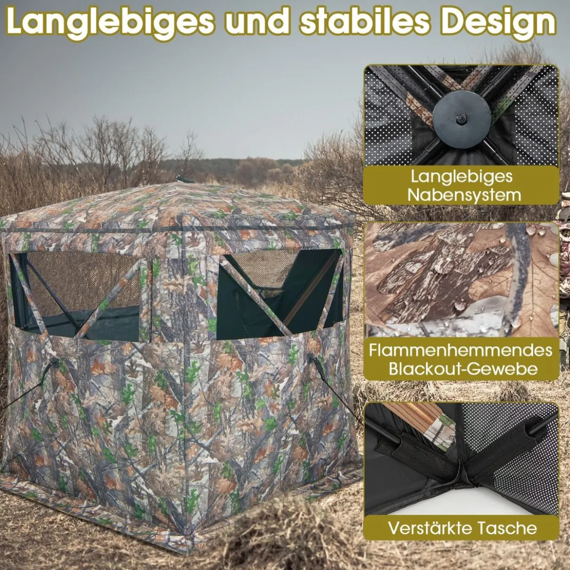 Einseitig durchsichtiges 270° Jagdzelt Pop-Up-Unterstand für 2–3 Personen mit geräuschlosem Schiebefenster & Tragetasche Jagdversteck