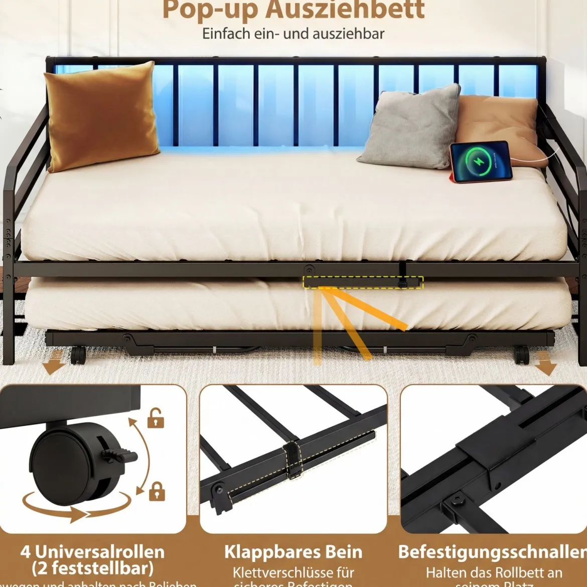 Einzelgröße Tagesbett mit LED-Lichtern & Ladestation Sofa-Bettgestell mit Ausziehbarem Trundle Schwarz