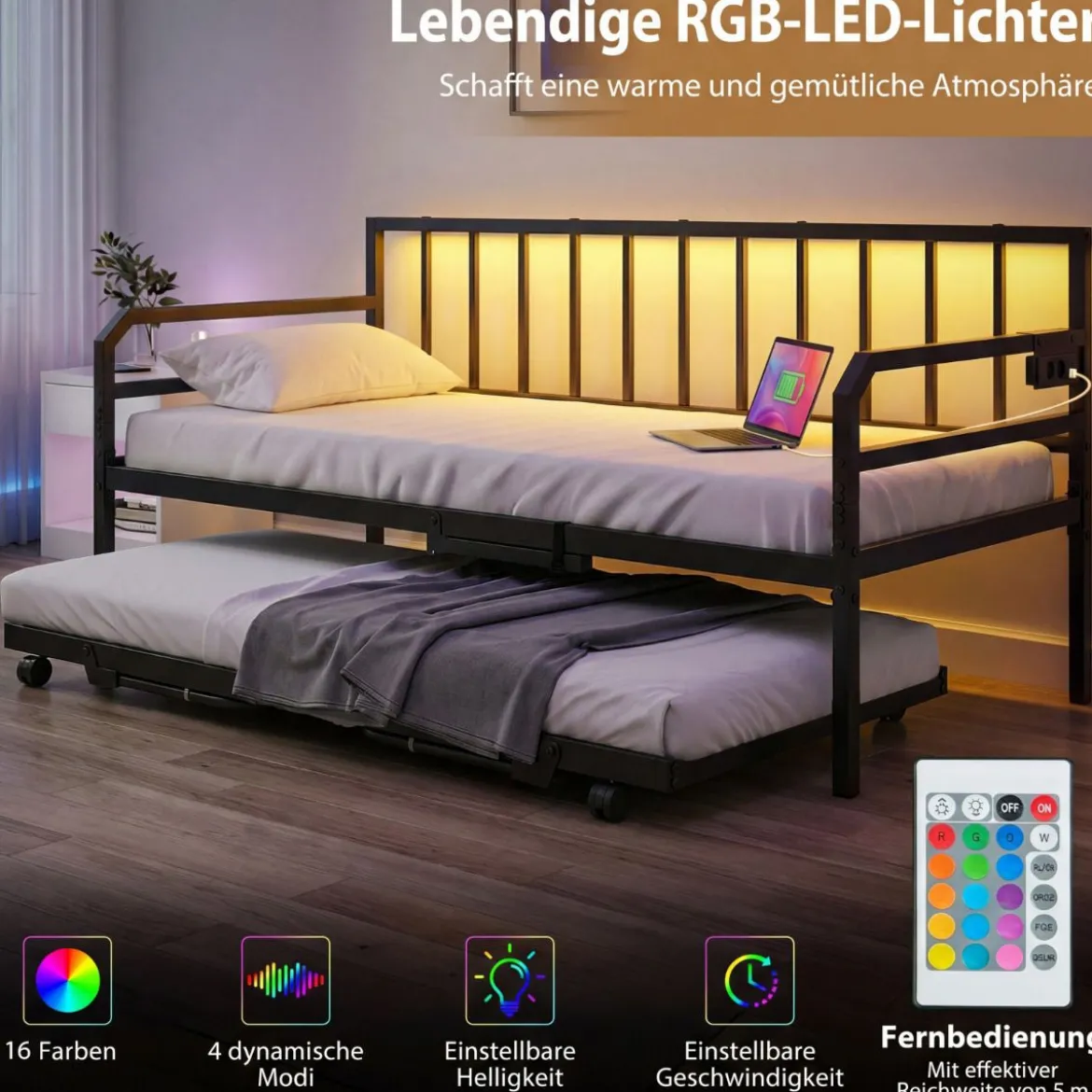 Einzelgröße Tagesbett mit LED-Lichtern & Ladestation Sofa-Bettgestell mit Ausziehbarem Trundle Schwarz