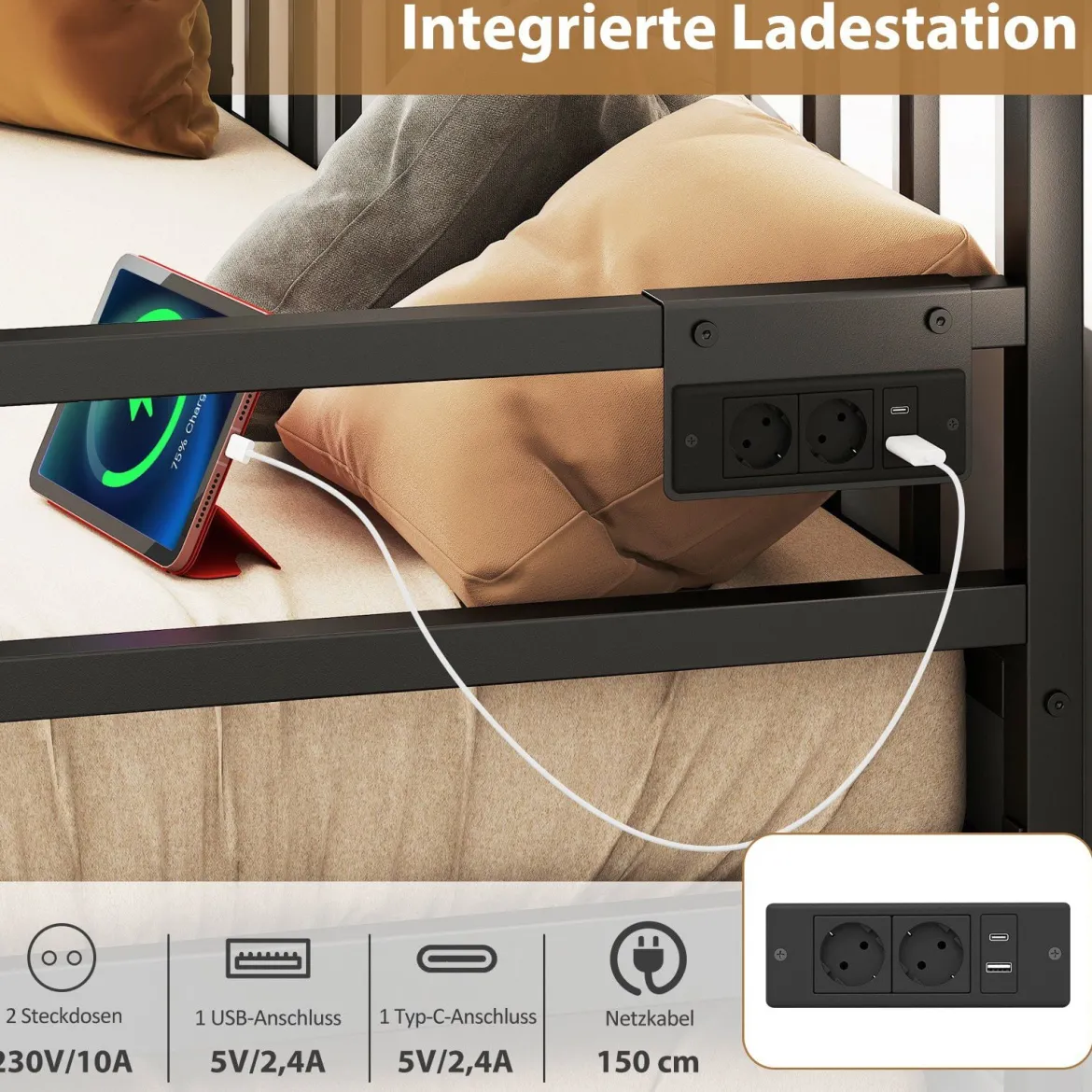 Einzelgröße Tagesbett mit LED-Lichtern & Ladestation Sofa-Bettgestell mit Ausziehbarem Trundle Schwarz
