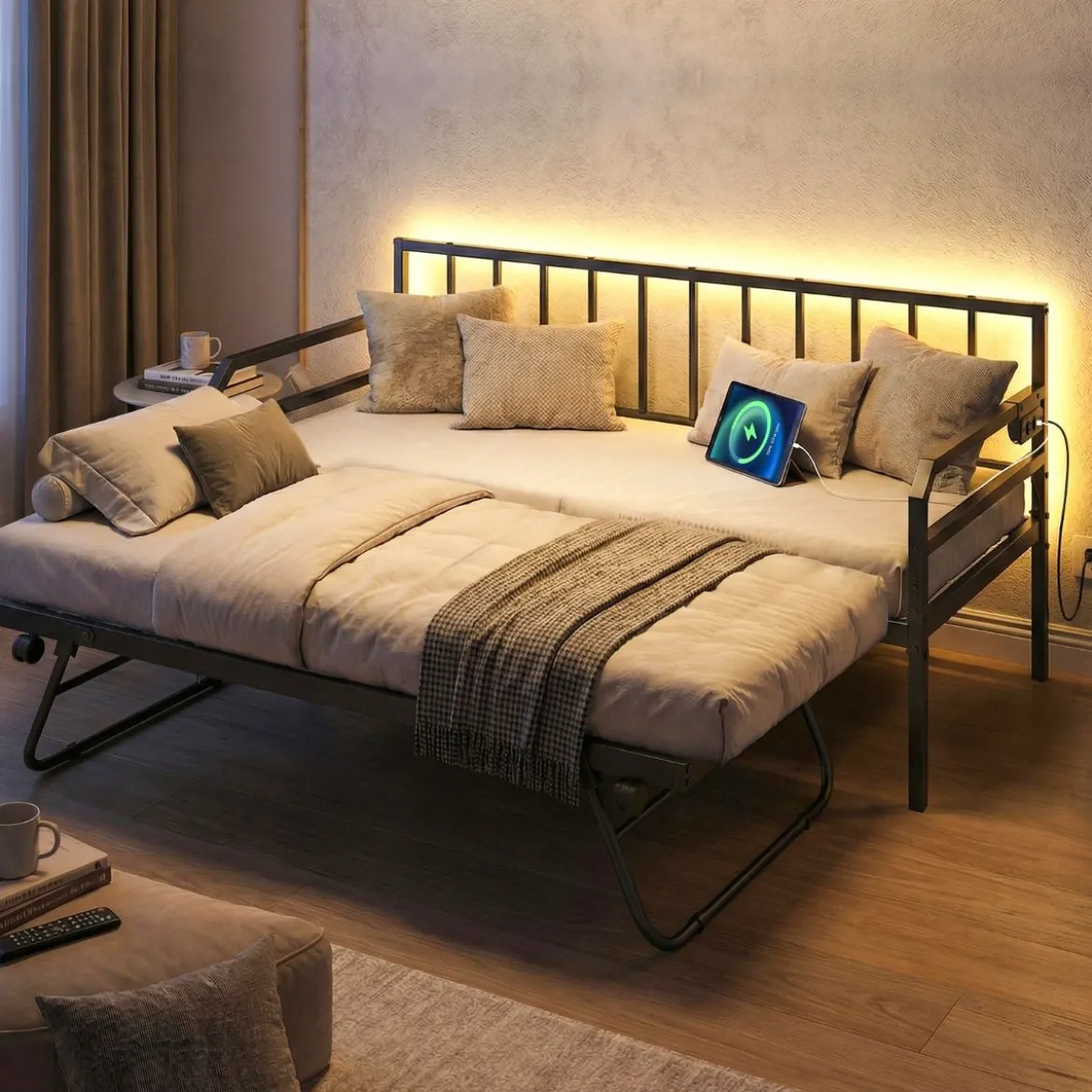 Einzelgröße Tagesbett mit LED-Lichtern & Ladestation Sofa-Bettgestell mit Ausziehbarem Trundle Schwarz