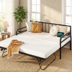 Einzelgröße Tagesbett mit LED-Lichtern & Ladestation Sofa-Bettgestell mit Ausziehbarem Trundle Schwarz