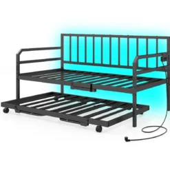 Einzelgröße Tagesbett mit LED-Lichtern & Ladestation Sofa-Bettgestell mit Ausziehbarem Trundle Schwarz