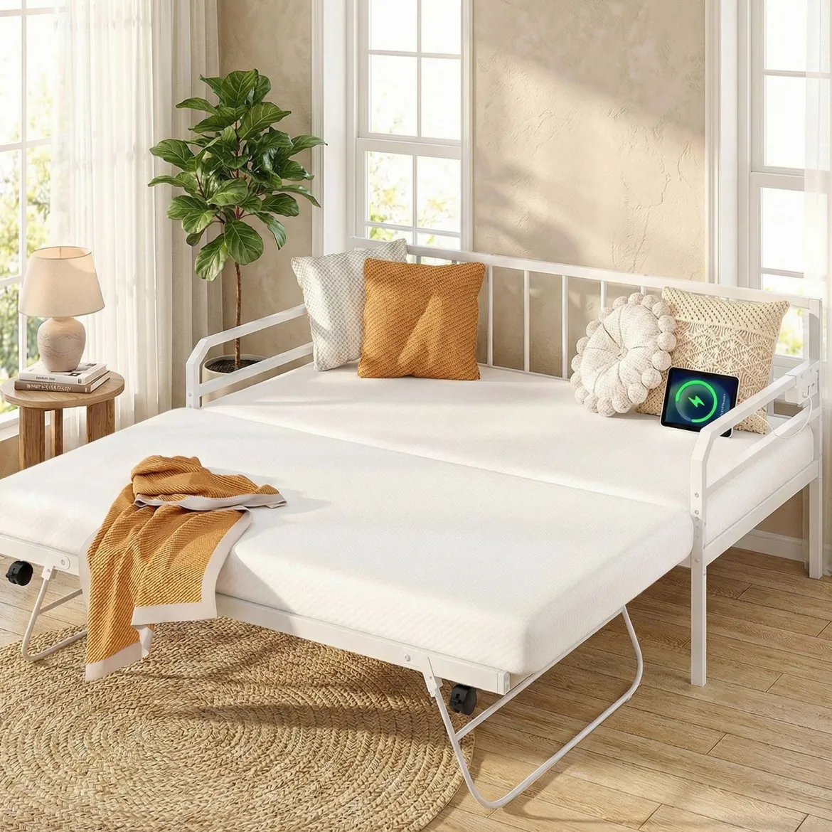 Einzelgröße Tagesbett mit LED-Lichtern & Ladestation Sofa-Bettgestell mit Ausziehbarem Trundle Weiß