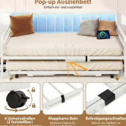 Einzelgröße Tagesbett mit LED-Lichtern & Ladestation Sofa-Bettgestell mit Ausziehbarem Trundle Weiß