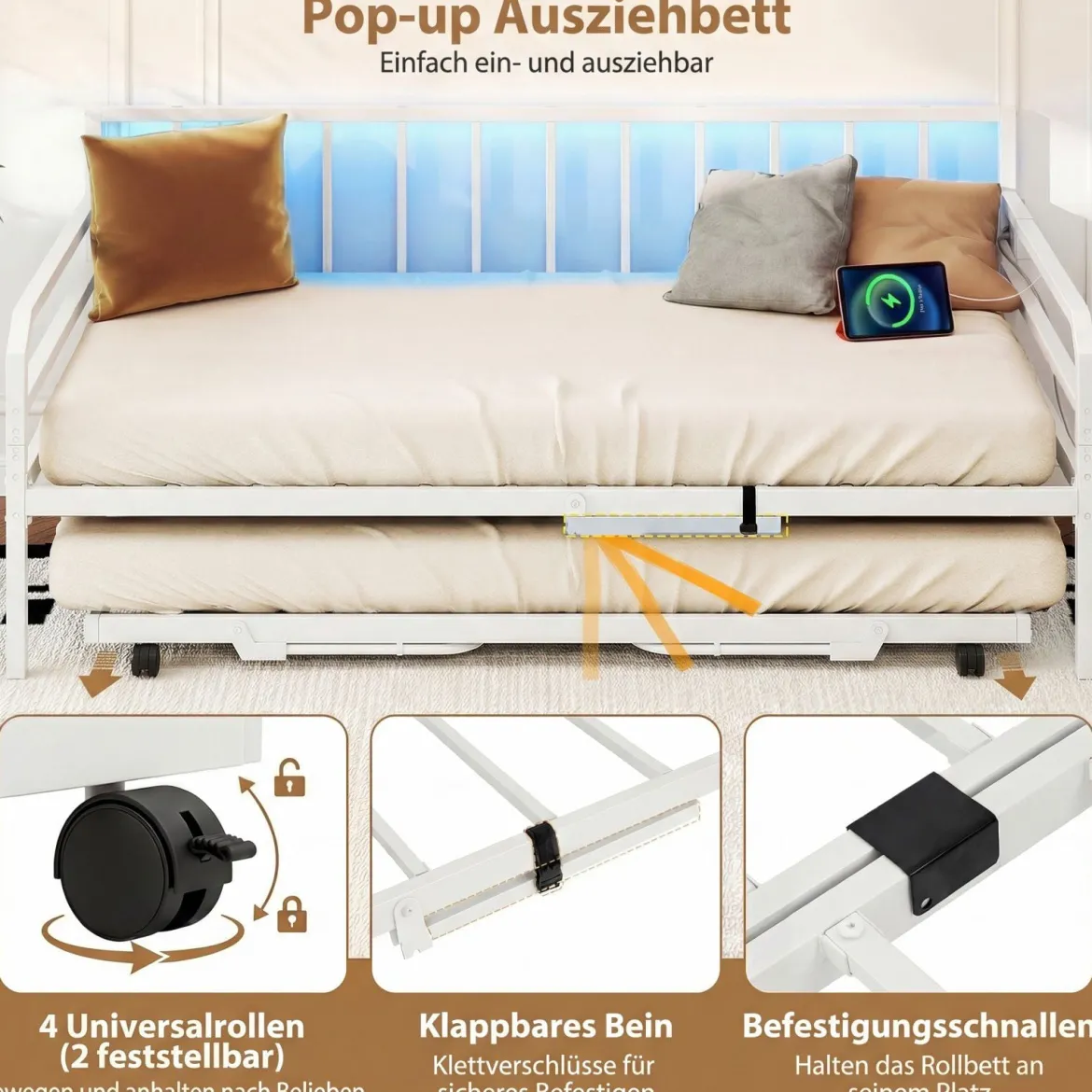 Einzelgröße Tagesbett mit LED-Lichtern & Ladestation Sofa-Bettgestell mit Ausziehbarem Trundle Weiß