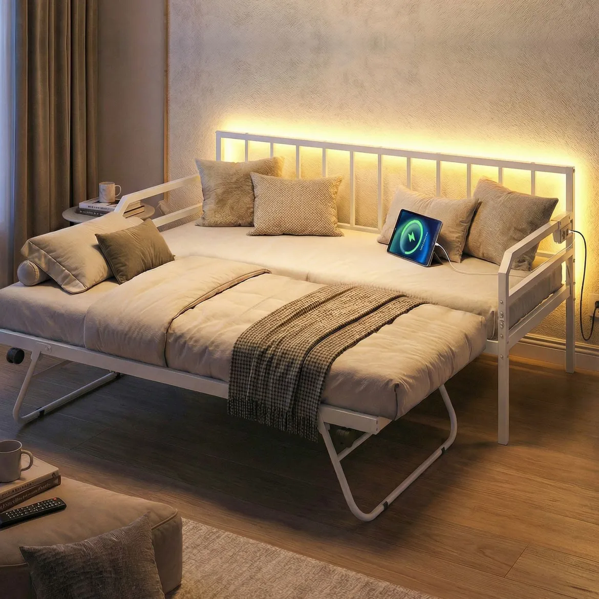 Einzelgröße Tagesbett mit LED-Lichtern & Ladestation Sofa-Bettgestell mit Ausziehbarem Trundle Weiß