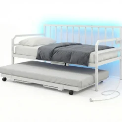 Einzelgröße Tagesbett mit LED-Lichtern & Ladestation Sofa-Bettgestell mit Ausziehbarem Trundle Weiß