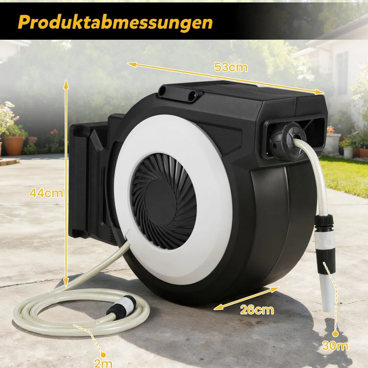 Einziehbare Gartenschlauchbox 30 m Wasserschlauch mit 2 m Zuleitungsschlauch Wandmontageset Schwarz