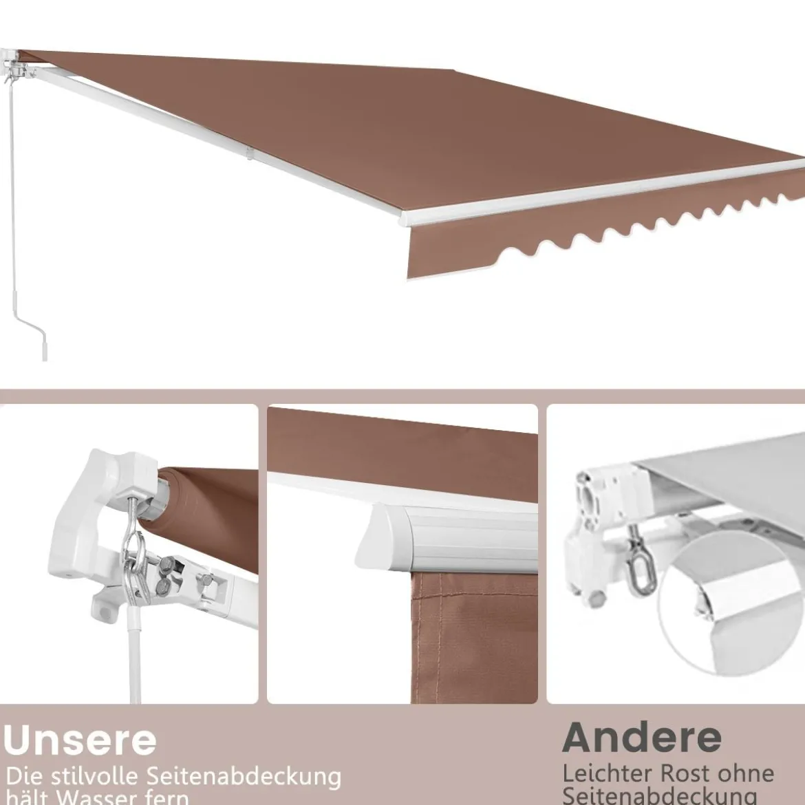 Einziehbare Markise Aluminium Terrassen Sonnenschutz mit Kurbelgriff 3,6 m × 3 m