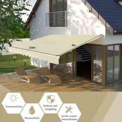 Einziehbare Markise Aluminium Terrassen Sonnenschutz mit Kurbelgriff 3,6 m × 3 m