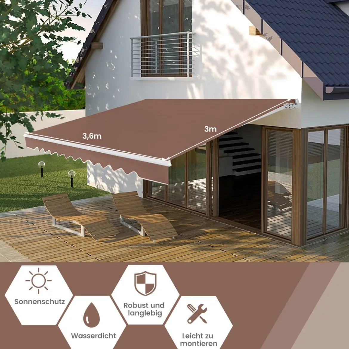 Einziehbare Markise Aluminium Terrassen Sonnenschutz mit Kurbelgriff 3,6 m × 3 m