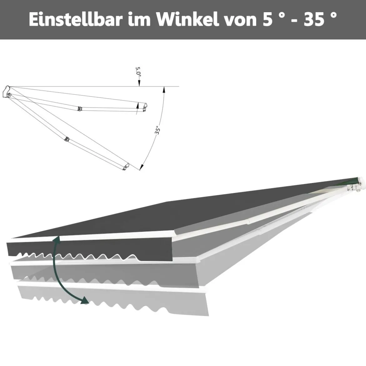Einziehbare Markise Aluminium Terrassen Sonnenschutz mit Kurbelgriff 3,6 m × 3 m