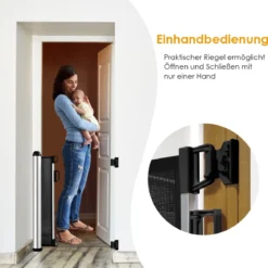 Einziehbares Schutzgitter für Babys und Haustiere Breites Sicherheitstor aus Maschengitter 140 x 8 x 89 cm Grau