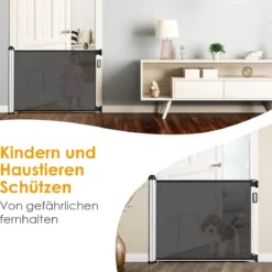Einziehbares Schutzgitter für Babys und Haustiere Breites Sicherheitstor aus Maschengitter 140 x 8 x 89 cm Grau