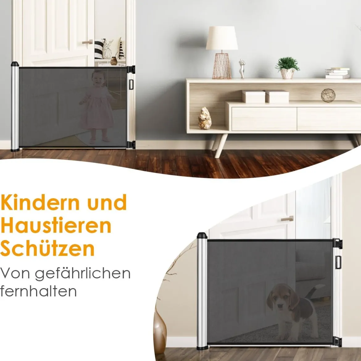 Einziehbares Schutzgitter für Babys und Haustiere Breites Sicherheitstor aus Maschengitter 140 x 8 x 89 cm Grau