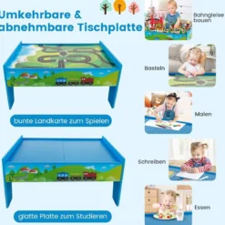Eisenbahntisch aus Holz 80-teiliges Spielset mit Umkehrbarer & Abnehmbarer Tischplatte 82,5 x 60 x 40 cm Mehrfarbig