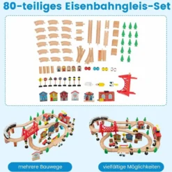 Eisenbahntisch aus Holz 80-teiliges Spielset mit Umkehrbarer & Abnehmbarer Tischplatte 82,5 x 60 x 40 cm Mehrfarbig