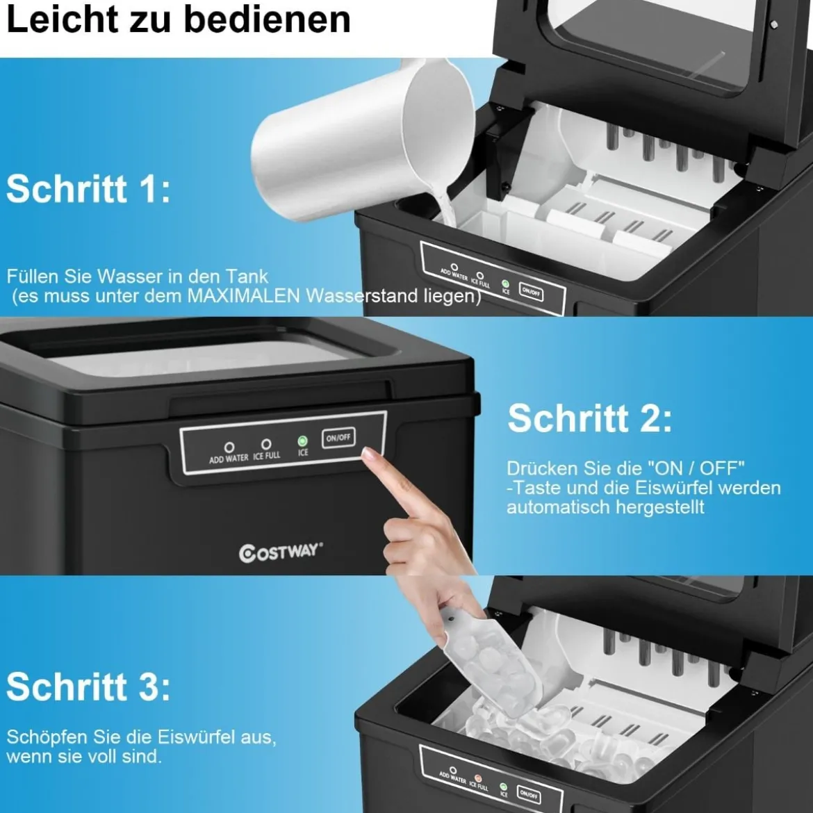 Eiswürfelmaschine Eiswürfelbereiter inkl. Eiswürfelschaufel 1,85 L Wassertank 35 x 25 x 29,5 cm Schwarz