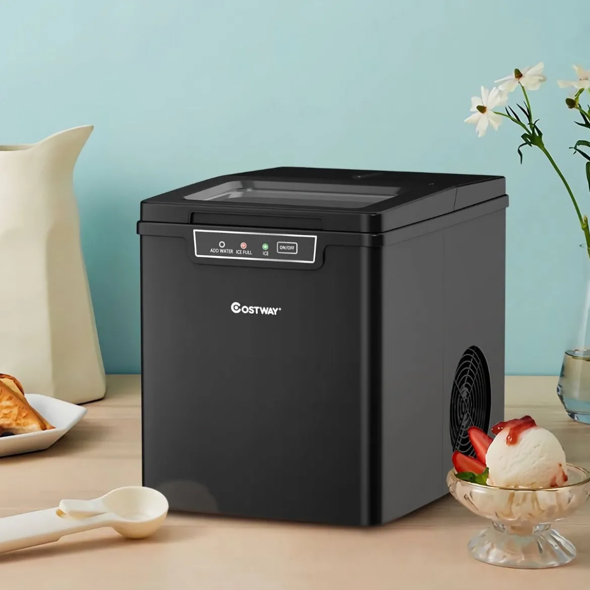 Eiswürfelmaschine Eiswürfelbereiter inkl. Eiswürfelschaufel 1,85 L Wassertank 35 x 25 x 29,5 cm Schwarz