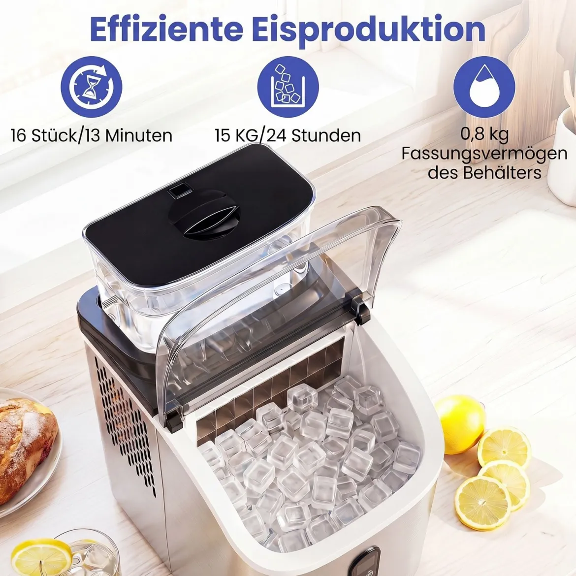 Eiswürfelmaschine Eiswürfelbereiter mit 13-stufiger Dickeneinstellung 24H Timer Selbstreinigungsmodus Silber