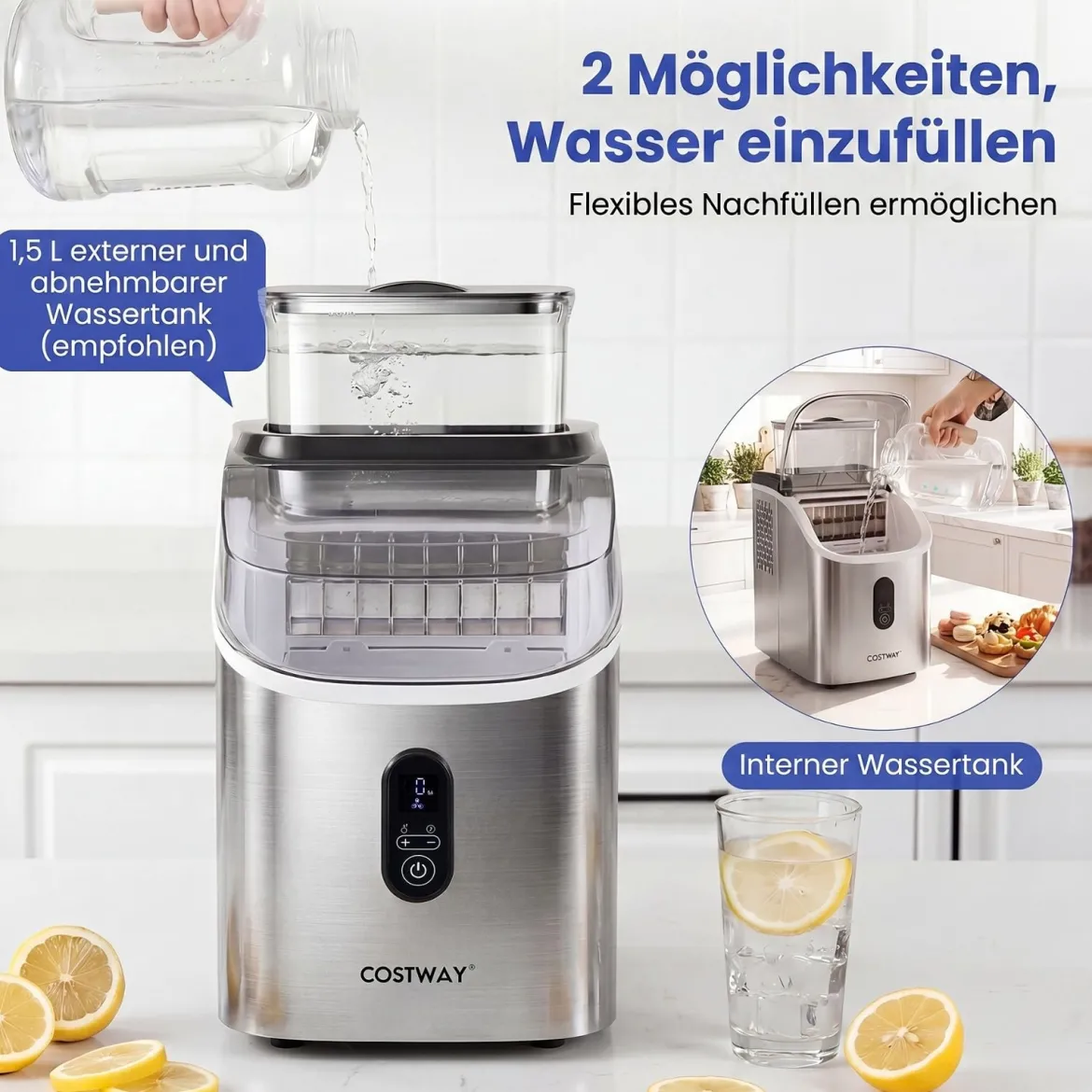 Eiswürfelmaschine Eiswürfelbereiter mit 13-stufiger Dickeneinstellung 24H Timer Selbstreinigungsmodus Silber