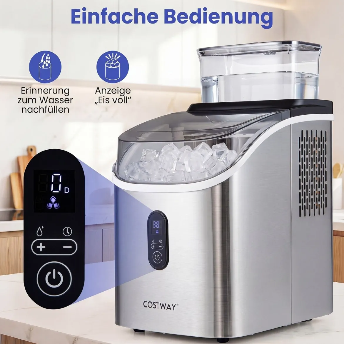 Eiswürfelmaschine Eiswürfelbereiter mit 13-stufiger Dickeneinstellung 24H Timer Selbstreinigungsmodus Silber