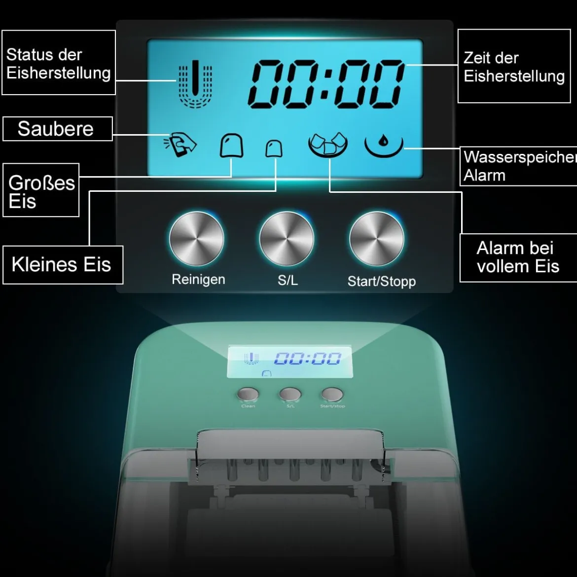 Eiswürfelmaschine Ice Maker Eismaschine Eiswürfelbereiter inkl. Eiswürfelschaufel Eiswürfel Grün