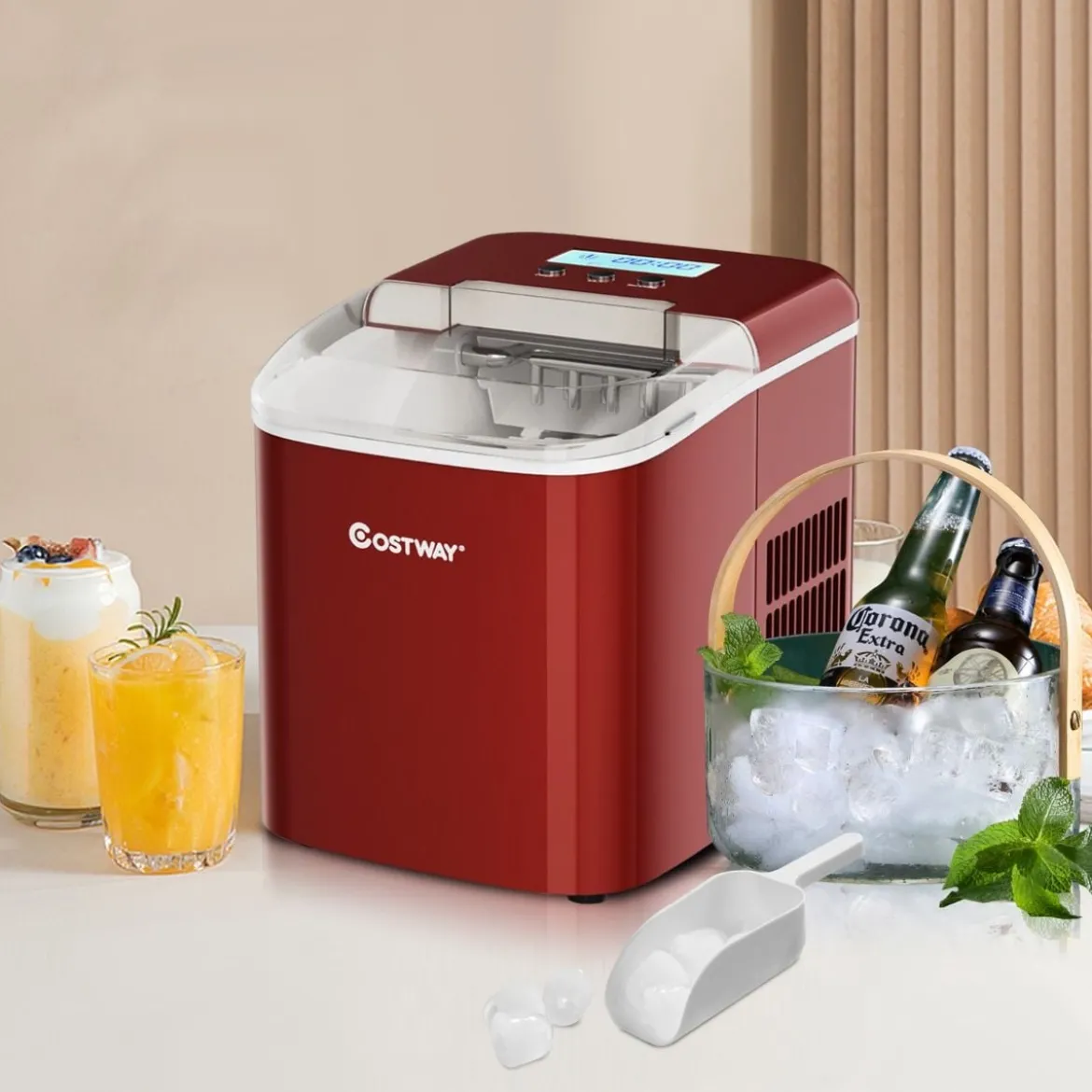 Eiswürfelmaschine Ice Maker Eismaschine Eiswürfelbereiter inkl. Eiswürfelschaufel Eiswürfel Rot