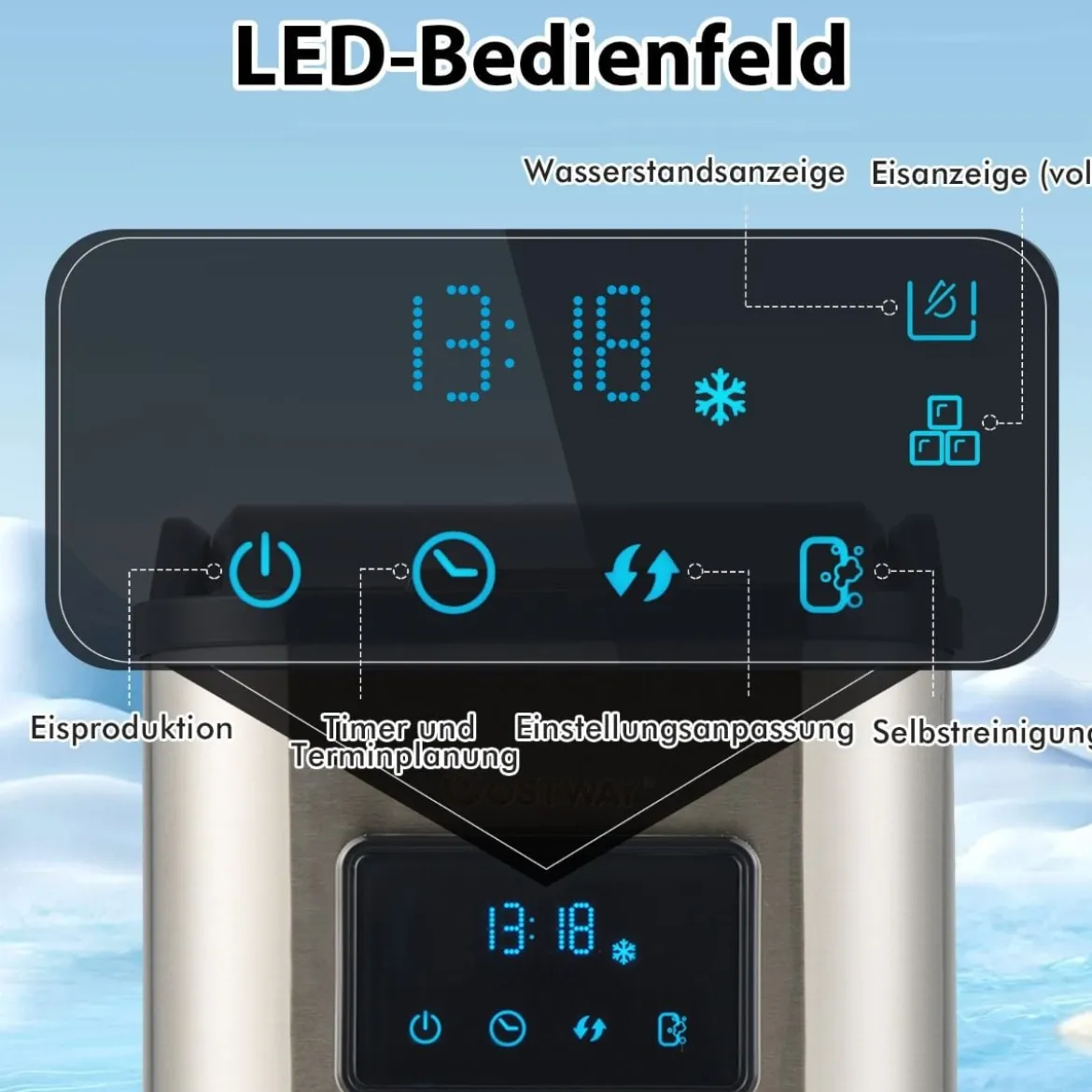 Eiswürfelmaschine 24kg pro Tag Crushed Ice Maker Eismaschine Eiswürfelbereiter inkl Schaufel Timer 2,5L Wassertank
