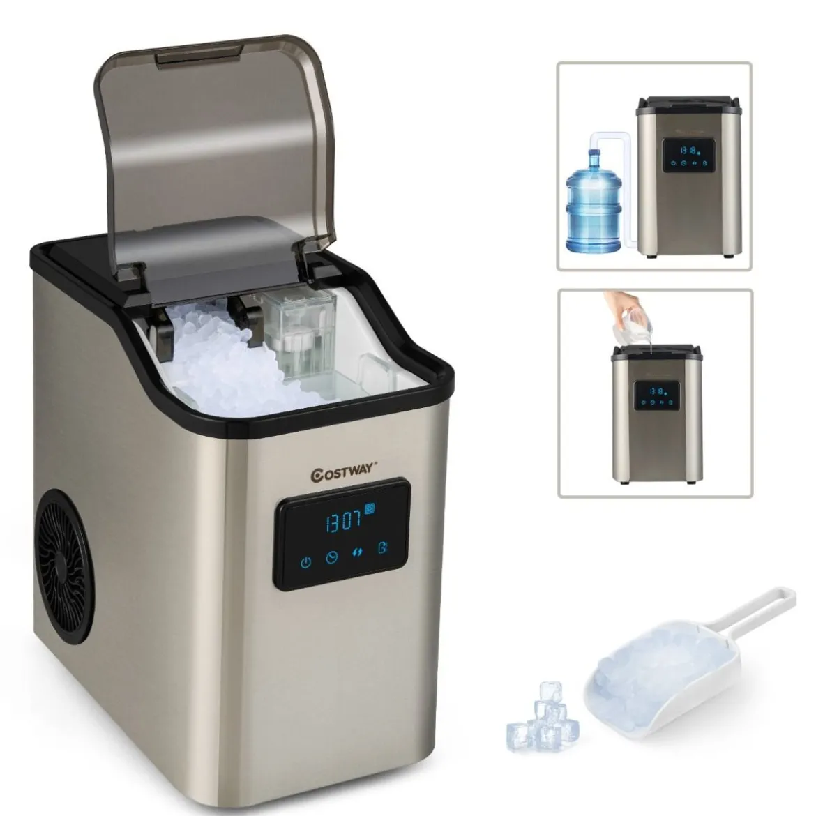 Eiswürfelmaschine 24kg pro Tag Crushed Ice Maker Eismaschine Eiswürfelbereiter inkl Schaufel Timer 2,5L Wassertank