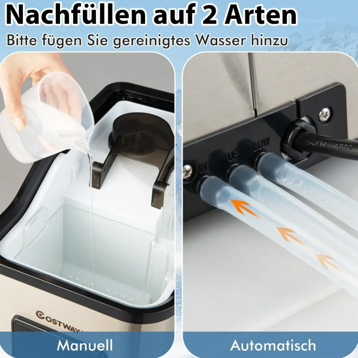 Eiswürfelmaschine 24kg pro Tag Crushed Ice Maker Eismaschine Eiswürfelbereiter inkl Schaufel Timer 2,5L Wassertank