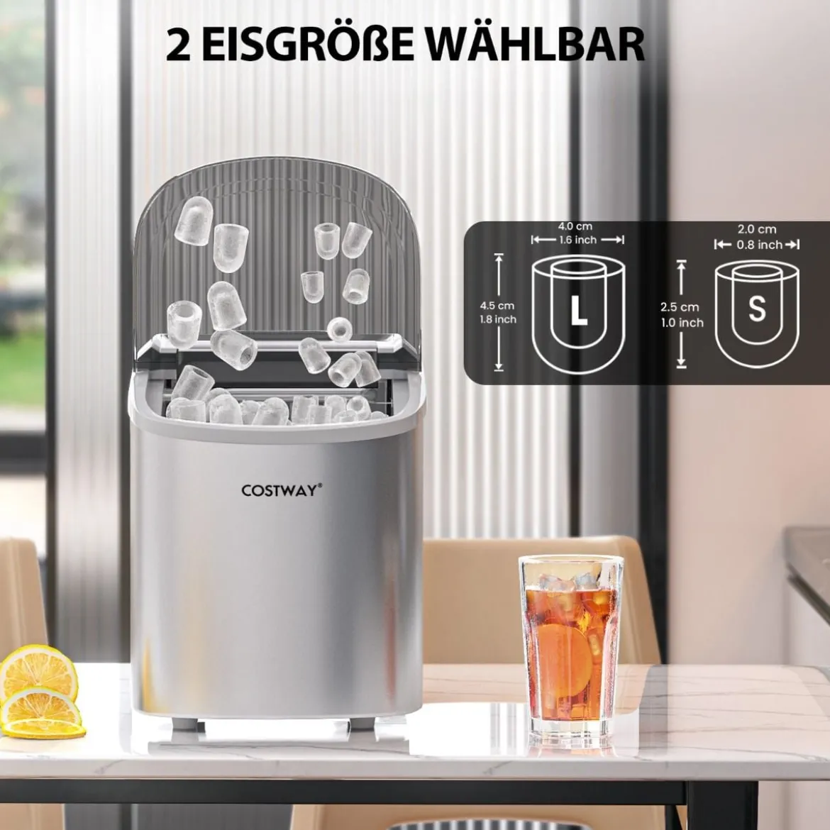 Eiswürfelmaschine 2,2 L Eiswürfelmaschine mit Kugelförmigen Eiswürfeln 24,5 x 35,5 x 32 cm Splitter