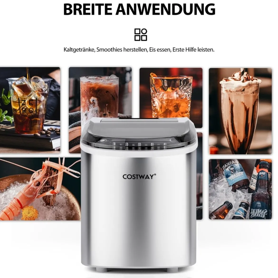 Eiswürfelmaschine 2,2 L Eiswürfelmaschine mit Kugelförmigen Eiswürfeln 24,5 x 35,5 x 32 cm Splitter