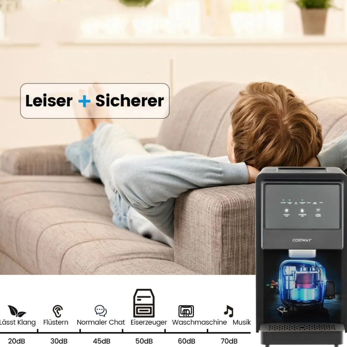 Eiswürfelmaschine Selbst Dosierender Theken Nugget Eisbereiter max. 27 kg/24H LED-Blaulicht 51 x 31 x 55 cm