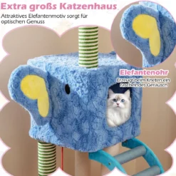 Elefanten-Kratzbaum mit 2 Höhlen & Gepolsterter Liege & Kratzpfosten & Leiter Mehrstufiger Katzenturm