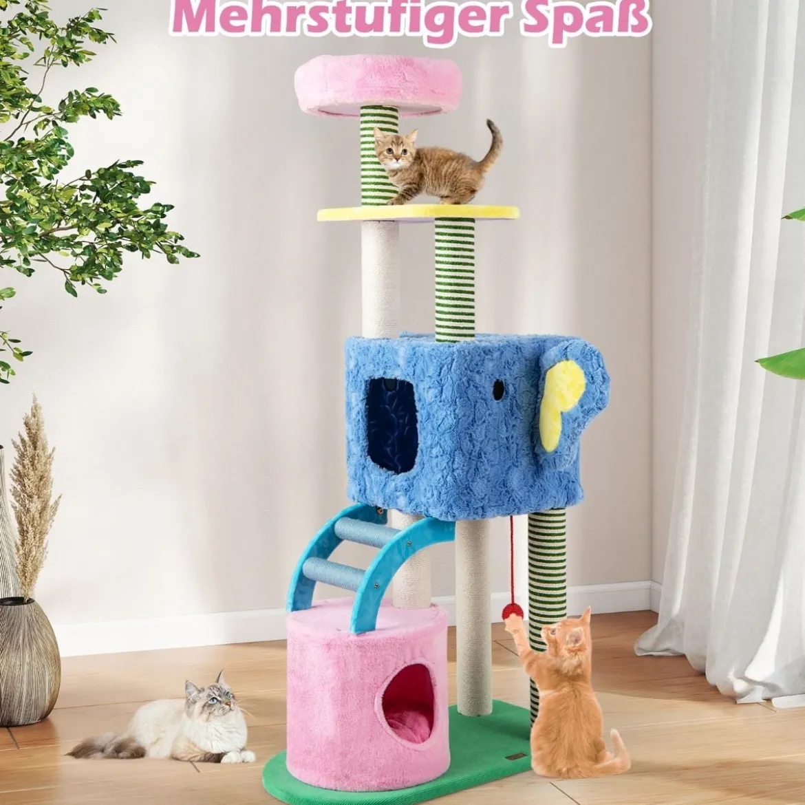 Elefanten-Kratzbaum mit 2 Höhlen & Gepolsterter Liege & Kratzpfosten & Leiter Mehrstufiger Katzenturm