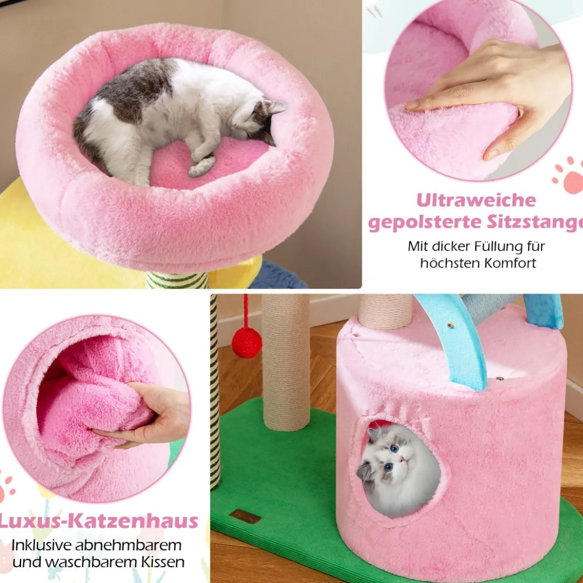 Elefanten-Kratzbaum mit 2 Höhlen & Gepolsterter Liege & Kratzpfosten & Leiter Mehrstufiger Katzenturm