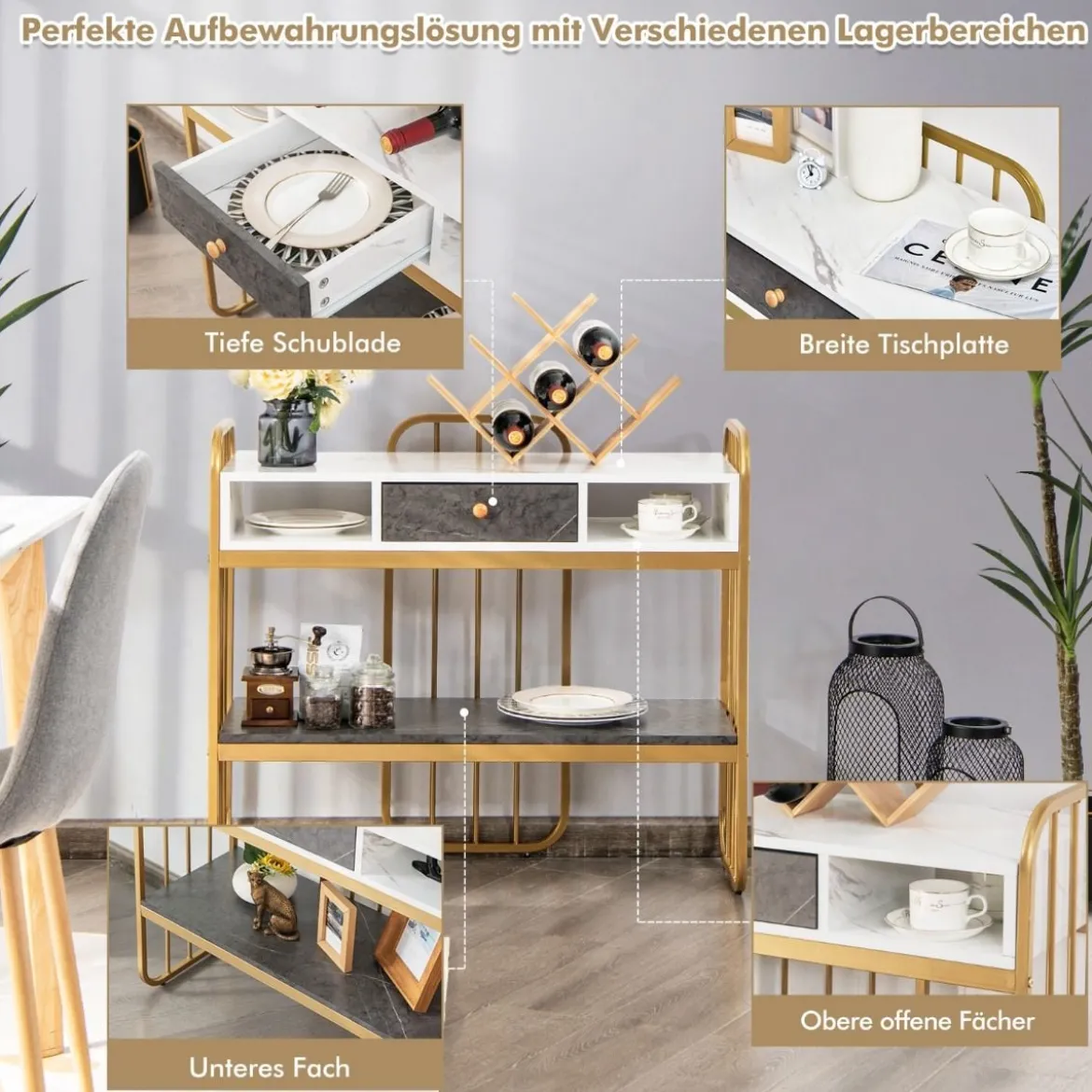 Eleganter 2 Ebenen Konsolentisch aus Kunstmarmor mit Schublade & Aufbewahrungsregal Golden+Weiß