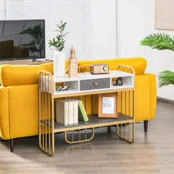 Eleganter 2 Ebenen Konsolentisch aus Kunstmarmor mit Schublade & Aufbewahrungsregal Golden+Weiß