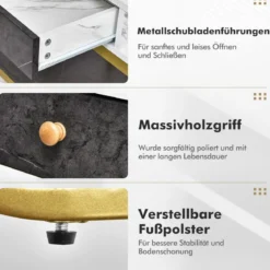 Eleganter 2 Ebenen Konsolentisch aus Kunstmarmor mit Schublade & Aufbewahrungsregal Golden+Weiß