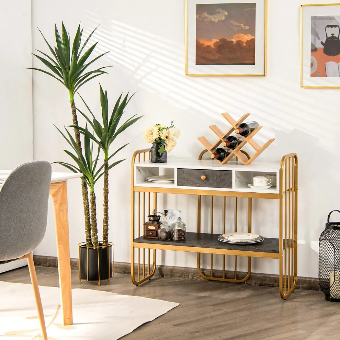 Eleganter 2 Ebenen Konsolentisch aus Kunstmarmor mit Schublade & Aufbewahrungsregal Golden+Weiß